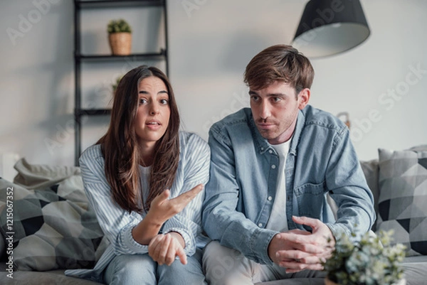 Fototapeta Young couple arguing and talking to the camera in videocall conference with specialist about relationship problems difficulties. Sad and angry man and woman arguing indoor debating future