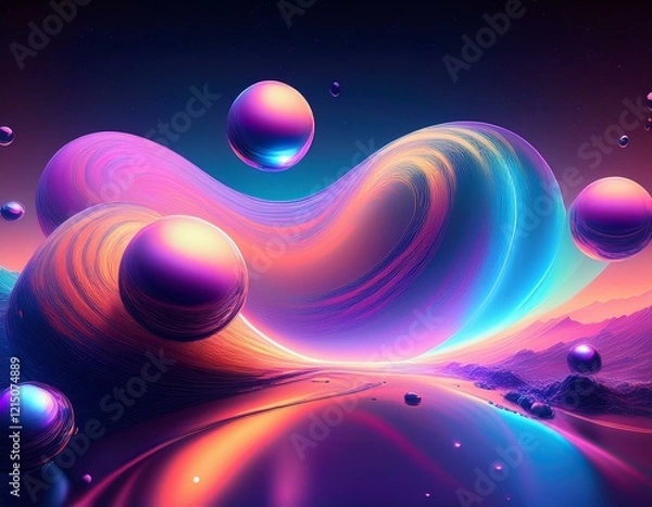 Fototapeta Abstract background with colorful wavy liquid and flowing balls of gradient color. 3D balls with light reflections and iridescent colors. Vibrant liquid wavy art. Design for banner and poster