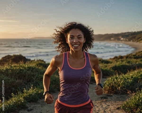 Fototapeta AI-generated image of a young woman running on green grass, capturing a moment of freedom, energy, and connection with nature. The scene conveys vitality, joy, and an active outdoor lifestyle.


