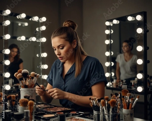 Fototapeta AI-generated image of a young woman applying makeup in a beauty studio. The scene highlights modern beauty techniques and a stylish environment, emphasizing elegance, self-care, and contemporary aesth
