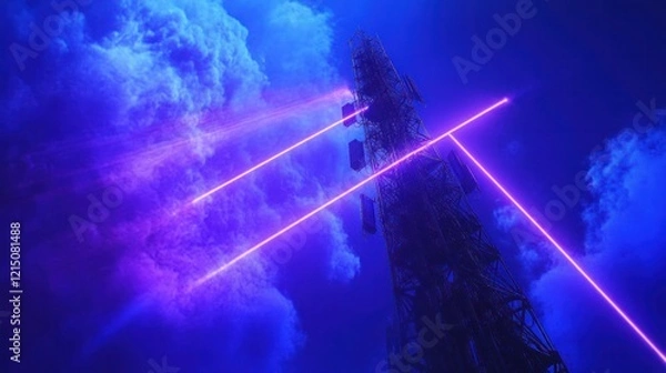 Fototapeta A dramatic black and blue telecommunications tower with dynamic violet light streaks cutting through a deep blue atmospheric backdrop.