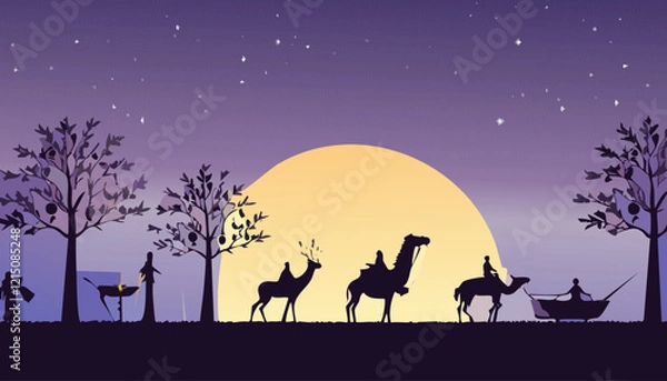 Obraz  Nativity Scene with Three Wise on camels in a desert night illustration