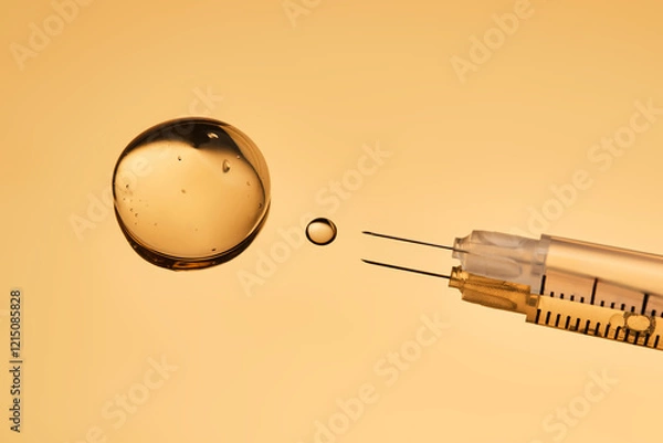 Fototapeta A drop of gel pours from a syringe for cosmetic procedures.