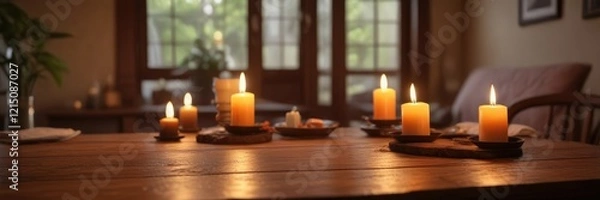 Fototapeta Candlelit wooden table amidst a room bathed in natural light and warm colors, warm glow, soft illumination