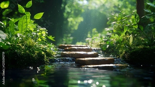 Fototapeta Serene Tranquil Stream Flowing Through Lush Green Forest Pathway