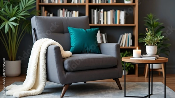 Fototapeta Cozy armchair with a teal pillow and soft blanket in a modern living room. A lit candle adds to the relaxing atmosphere.