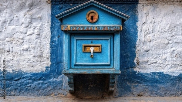 Fototapeta Blue antique mailbox, weathered wall, Nepal, village scene, postal