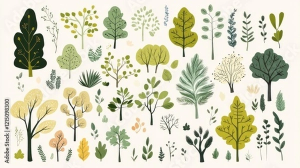 Fototapeta Collection of stylized trees and foliage illustrations.  Possible use for nature-themed designs or prints