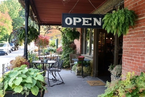 Fototapeta Charming Outdoor Café with Open Sign Surrounded by Greenery and Fall Colors, Inviting Atmosphere Perfect for Relaxation and Enjoyment of Food and Drink