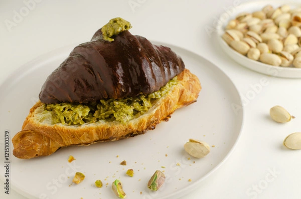 Fototapeta Croissant stuffed with pistachio paste and kadaif dough covered with dark chocolate on a white plate. Unusual pastry with delicate filling. Trend food concept. Selective focus.