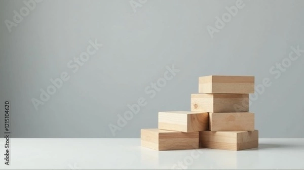 Fototapeta Unstacked light-colored wooden blocks arranged in an ascending formation on a minimalist white surface against a neutral backdrop