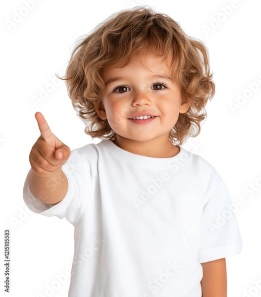Fototapeta Child with curly hair happily pointing finger while smiling and wearing a white shirt against a transparent background