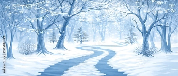 Fototapeta Enchanting winter wonderland scene with snow-covered path and glistening trees.