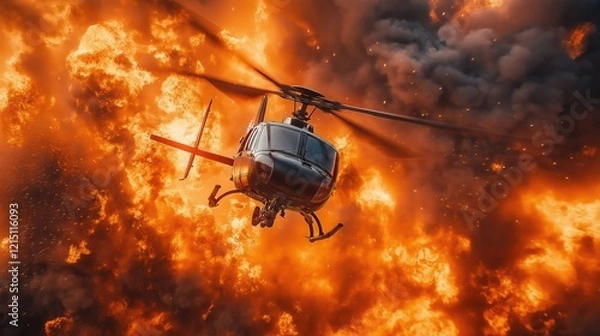 Fototapeta Helicopter hovering over flames and explosions in dynamic action scene
