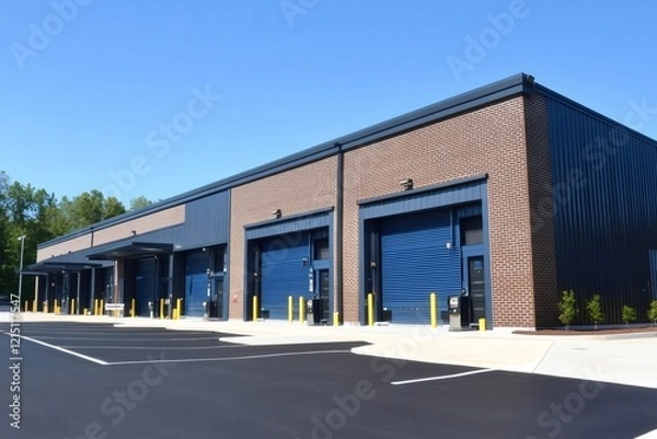 Fototapeta Modern warehouse building exterior with loading docks and parking lot