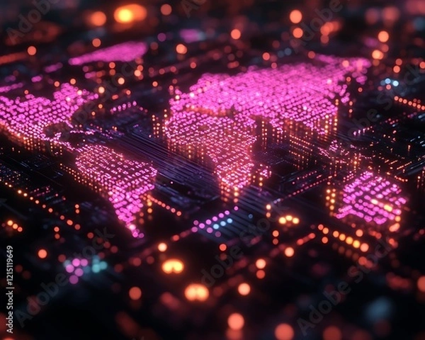 Fototapeta Global network, digital world map on circuit board.
