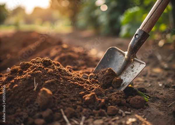 Fototapeta Gardening shovel digging soil at sunset in a lush garden background with copy space