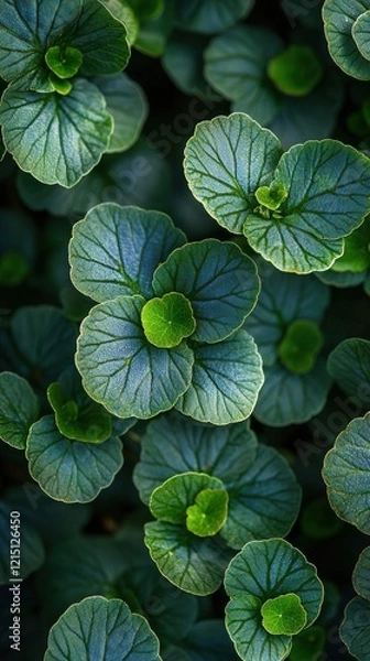 Fototapeta Ethereal closeup of mossy dark green leaves with blue hues