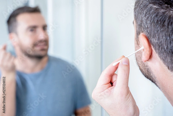 Obraz Man using cotton swab to clean his ears in the morning