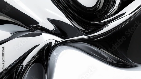 Fototapeta Abstract black chrome curves flow, white background, design