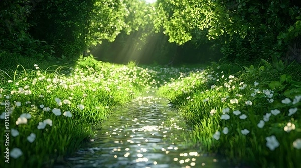 Fototapeta Serene Stream Flowing Through Lush Green Forest with Bright Sunlight