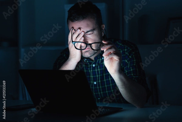 Obraz Man with eye strain computer problem at night