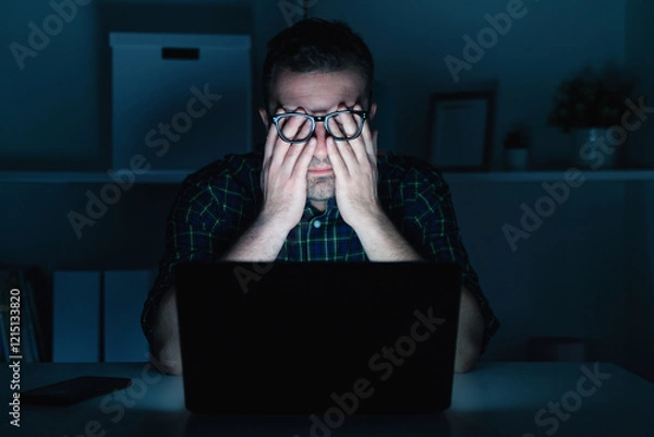 Obraz Man with eye strain computer problem at night