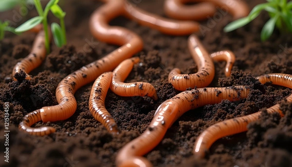 Fototapeta Close-up of earthworms on dark soil with young green seedlings in a garden