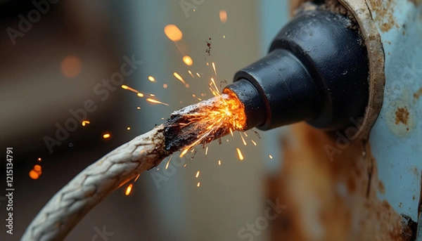 Fototapeta Electrical short circuit producing sparks from damaged wire against a rusty wall