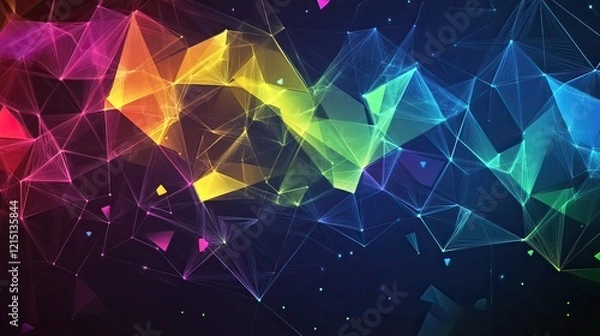 Fototapeta Rainbow plexus network flowing, dark background, digital art, tech