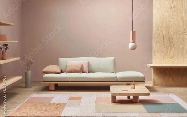 Fototapeta Minimalist Scandinavian living room with a comfortable pastel-colored sofa, geometric rugs, simple modern lighting, and sleek wooden shelves