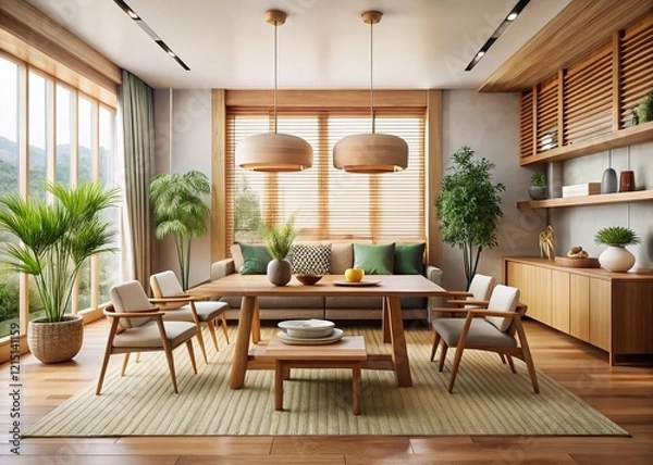 Obraz Minimalist Japandi Dining Room: Modern Living Space with Empty Copy Space