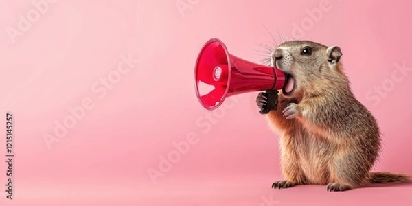 Fototapeta Groundhog screaming into megaphone symbolizes fun around Groundhog Day. Isolated on the pastel pink background. Ads for promotions, advertisement and communication, viral marketing. Copy space.