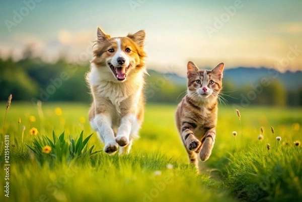 Fototapeta Joyful Canine & Feline Friends: Playful Jump in a Sunny Field