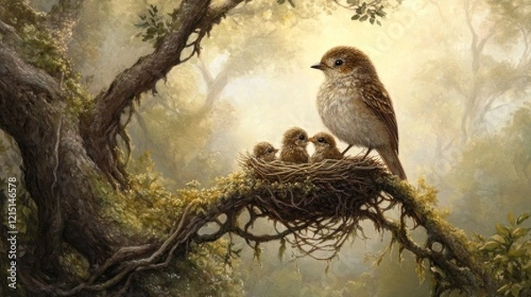Fototapeta Mother bird tending chicks in misty forest nest