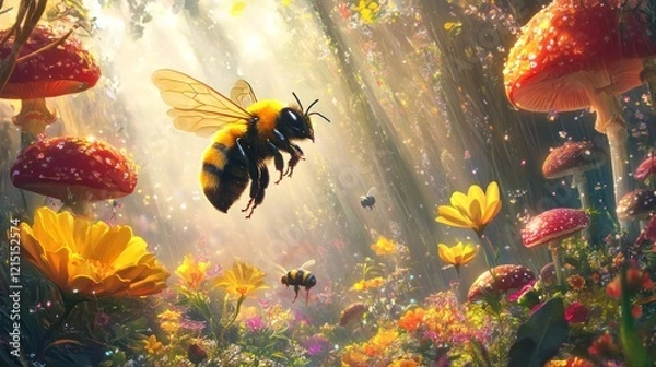 Fototapeta A dreamy illustration featuring bees flying amidst magical mushrooms and colorful flowers under sunrays