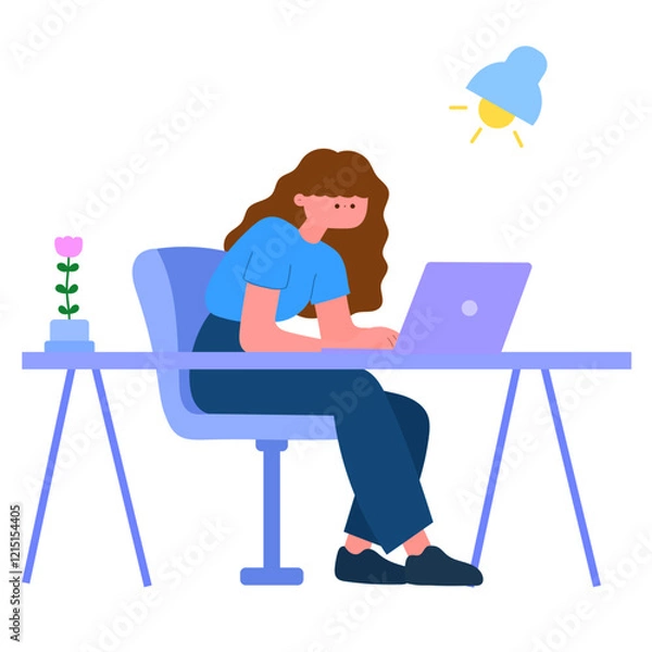 Fototapeta A woman working late at her desk with a laptop, illuminated by a desk lamp, symbolizes productivity and focus during night shifts