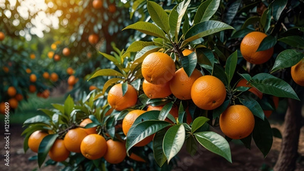 Fototapeta Orange garden with ripe oranges on tree branches. Beautiful orange trees in an orchard. Fruit trees laden with ripe fruits. Juicy citrus fruits ripening in the sun