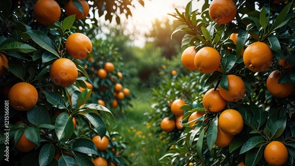 Fototapeta Orange garden with ripe oranges on tree branches. Beautiful orange trees in an orchard. Fruit trees laden with ripe fruits. Juicy citrus fruits ripening in the sun