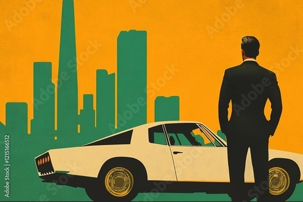Fototapeta A man in a suit stands beside a classic car, gazing at a city skyline with tall buildings against a vibrant orange backdrop.