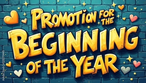 Fototapeta This colorful illustration features bold, playful lettering announcing a promotion for the beginning of the year, set against a textured teal brick background. The design is adorned with cheerful