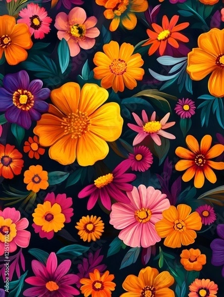 Fototapeta Abstract pattern with vibrant Mexican floral motifs