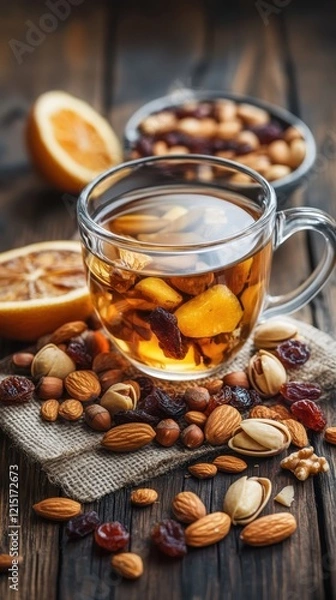 Fototapeta Warm Fruit and Nut Tea with Almonds, Pistachios, and Hazelnuts