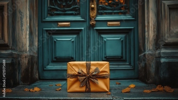 Fototapeta Wrapped Gift Box Placed in Front of a Green Door, Holiday or Surprise Delivery Concept