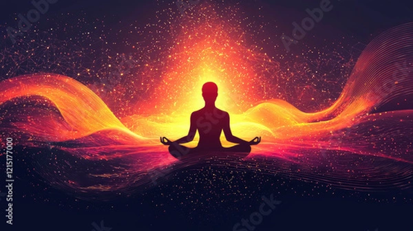 Fototapeta A calm silhouette meditates amidst vibrant colors and flowing energy waves, representing focus, relaxation, and spiritual development in a tranquil setting