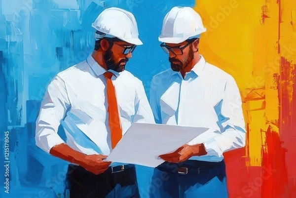 Fototapeta Two Male Architects Reviewing Blueprint Construction Site Teamwork Engineering