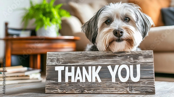 Fototapeta A small dog with a cute expression holds a wooden sign that says "Thank you." The background features furniture and a green plant. Cozy scene for cards and notes of gratitude