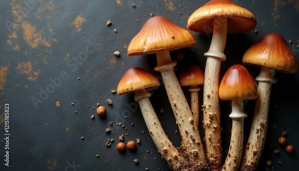 Fototapeta A cluster of striking mushrooms with golden caps and slender stems emerges from a textured, dark background. The rich colors and organic shapes evoke a sense of natures beauty and the mystery of the