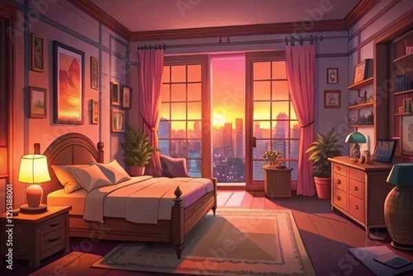 Fototapeta Lo-Fi Bedroom at Night – Cozy Ambient Scene with Music Vibes and Warm Lighting

