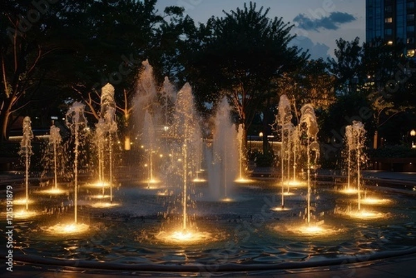 Obraz Water fountains illuminated at night in a city park, creating a magical atmosphere